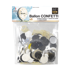 BALLON CONFETTIS OR ARGENT & NOIR 30cm X 6
